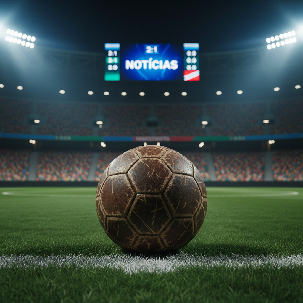 A close-up of a well-used leather soccer ball resting on a perfectly trimmed green field inside an empty stadium, with white boundary lines sharply defined. In the mid-distance, a digital scoreboard shows generic numbers and the word “Notícias” in Portuguese, while high stadium lights cast powerful, cool-toned illumination that creates defined shadows beneath the ball and subtle glints on the leather texture. Photographic realism with a shallow depth of field keeps the ball in razor-sharp focus as the stands blur into colorful abstraction, suggesting crowd energy without showing any people. The mood is serious and anticipatory, ideal for a professional sports news homepage hero image.