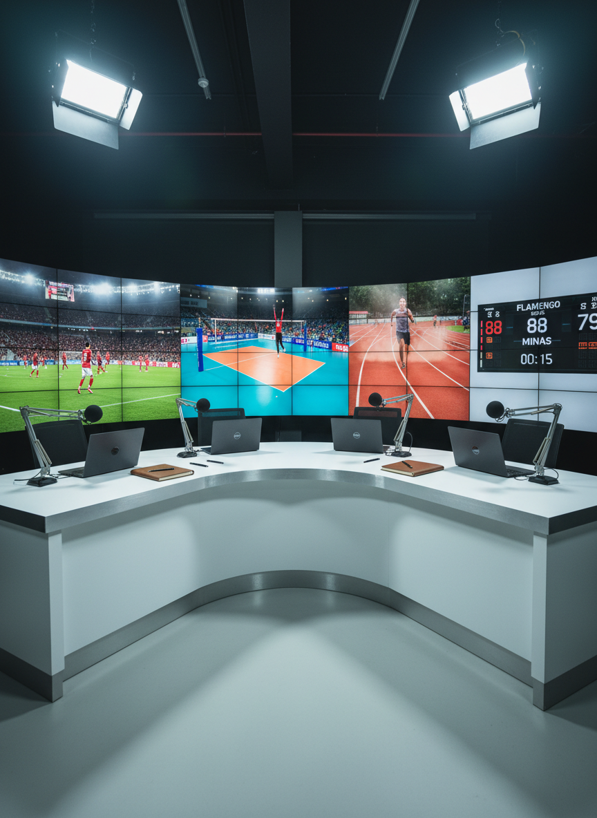 A sleek, modern sports newsroom desk made of matte white surfaces with subtle metallic edges, facing a large curved wall of high-resolution screens displaying different Brazilian sports: a soccer match in Maracanã, a volleyball court, an athletics track, and a basketball scoreboard. No people are present; only equipment such as microphones, closed laptops, and notepads with neatly arranged pens. Cool studio spotlights from above create crisp, photographic realism with soft reflections on the desk and gentle shadows behind the screens. Shot at eye level with a wide angle, the composition is balanced and spacious, conveying professional journalistic rigor and an energetic yet orderly atmosphere suitable for a university sports journalism portal.