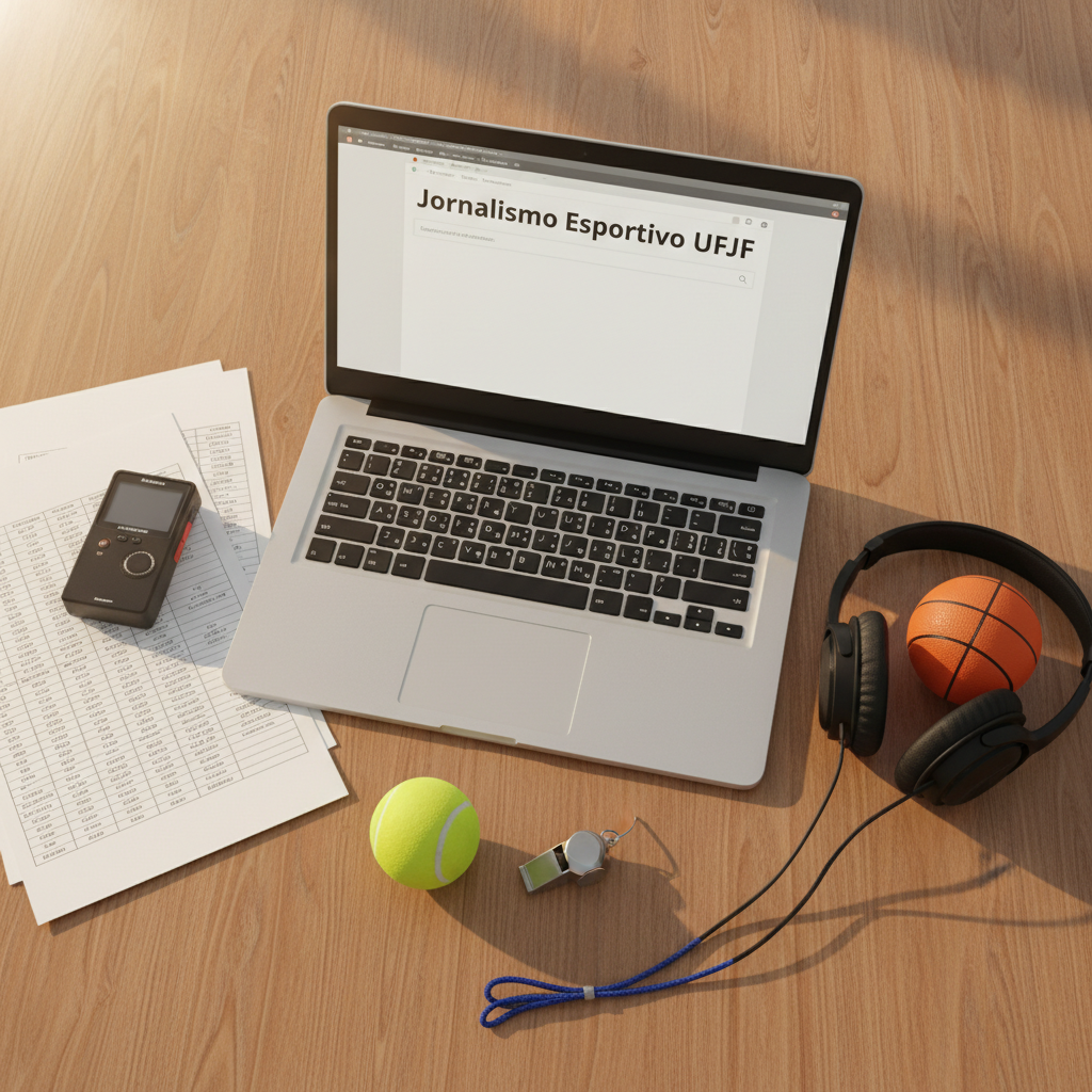 An overhead shot of a tidy editorial workspace dedicated to sports journalism, featuring an open laptop displaying a blank article template with the headline area labeled “Jornalismo Esportivo UFJF.” Surrounding it are printed match statistics sheets, a small digital audio recorder, a professional over-ear headset, and three objects symbolizing different sports: a mini basketball, a tennis ball, and a whistle on a blue lanyard. Natural late-afternoon light from an unseen window falls diagonally across the wooden desk, producing warm highlights and soft, elongated shadows. The photographic composition uses rule of thirds, with the laptop slightly off-center, and a calm yet focused atmosphere that communicates academic rigor and student-produced content without depicting any individuals.