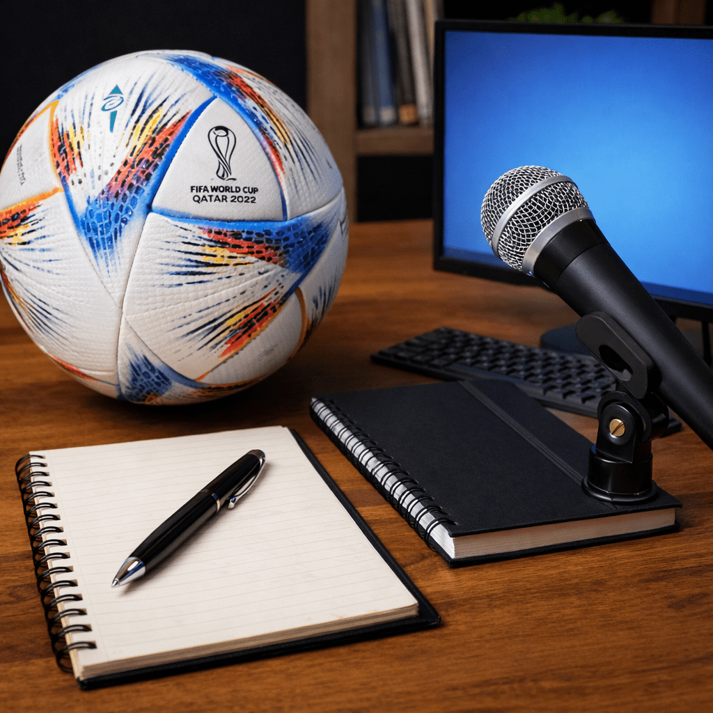 Soccer ball next to a microphone and open notebook with pen on a wooden table