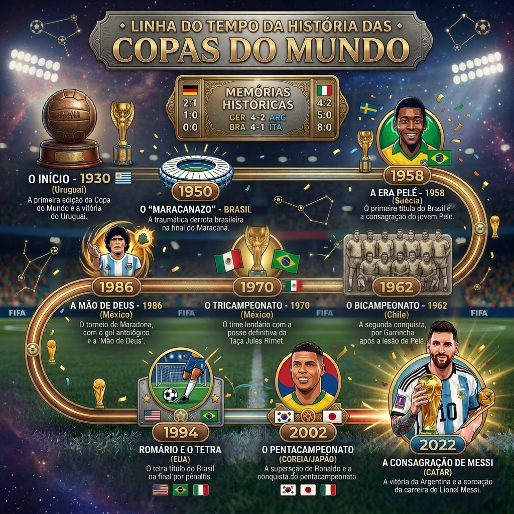 Historical FIFA World Cup milestones timeline Timeline of World Cup history showing important tournaments and players like Pelé, Maradona, Ronaldo, and Messi.