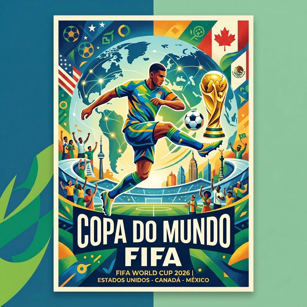 Soccer player kicking a ball with World Cup trophy, globe, and stadium with crowd and city skylines